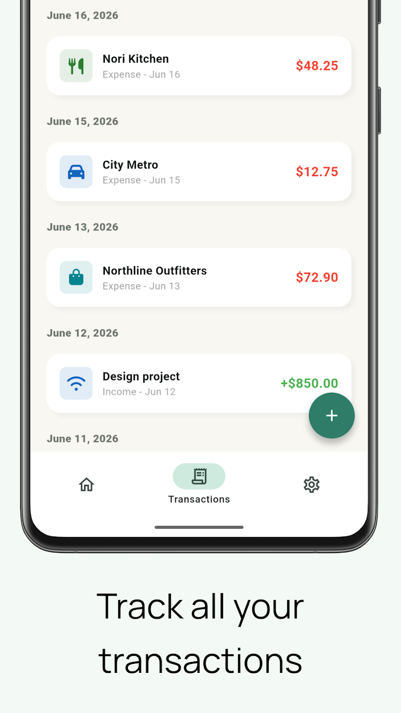 TrackU transaction history with expenses and income